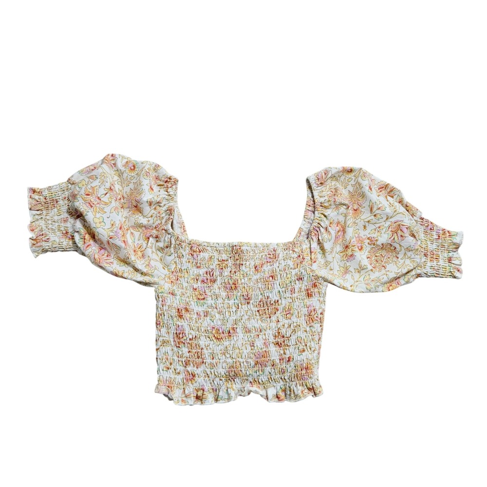 Billabong Floral Smocked Puff Sleeve Crop Top Women‎ Size M Cream Yellow Pink